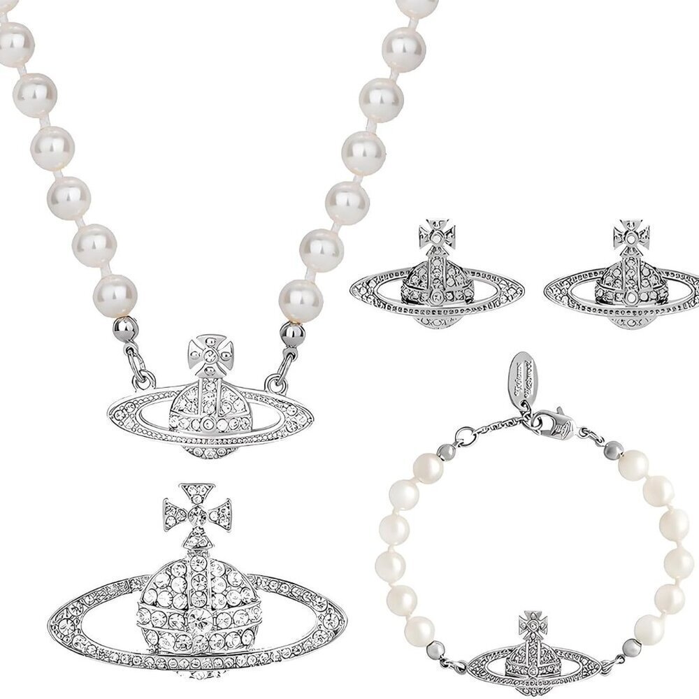 Jewelry Set Faux Pearl Saturn Celestial Necklace Bracelet Earrings Brooch Women